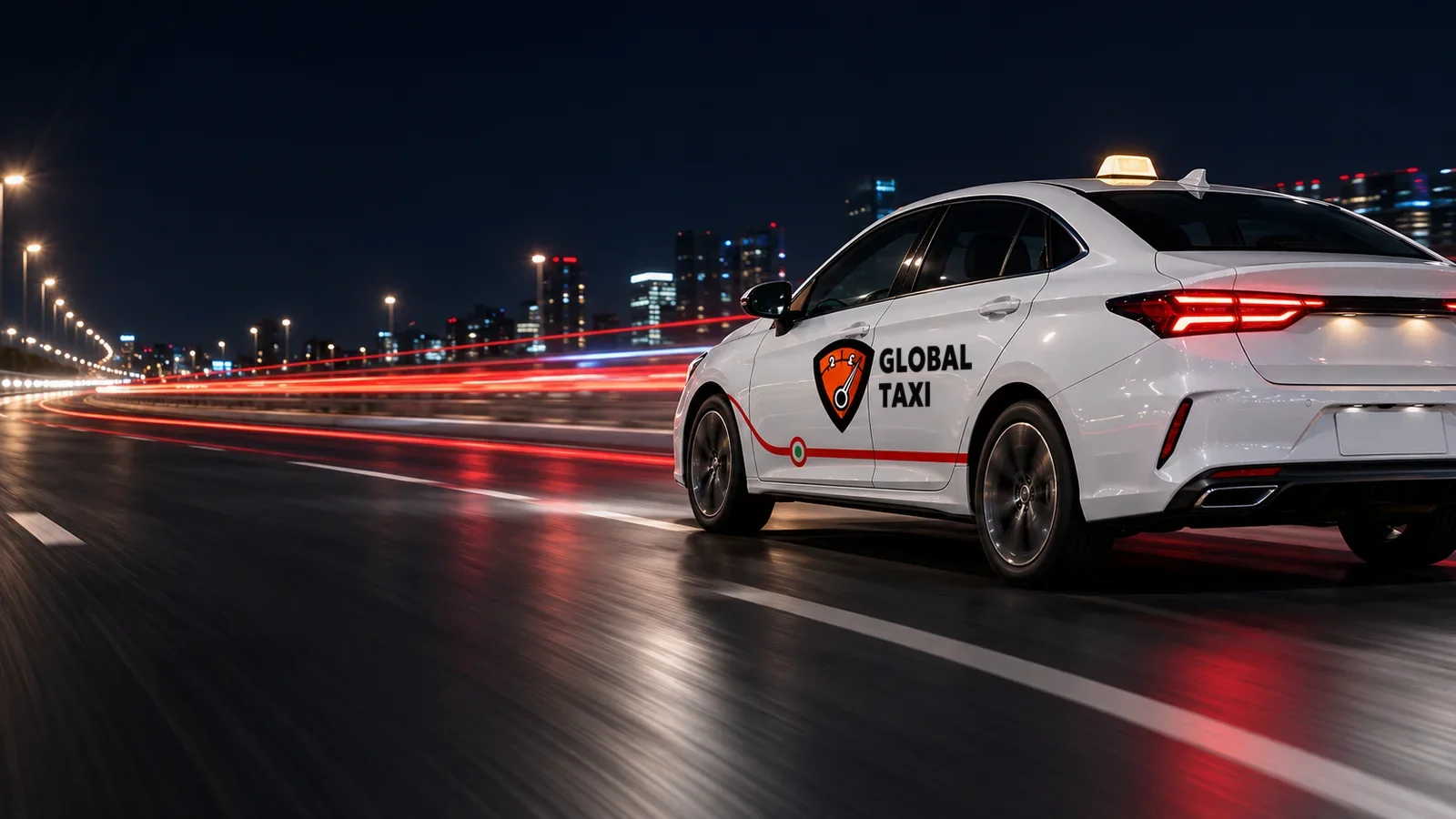 Машина Global Taxi на ночной трассе