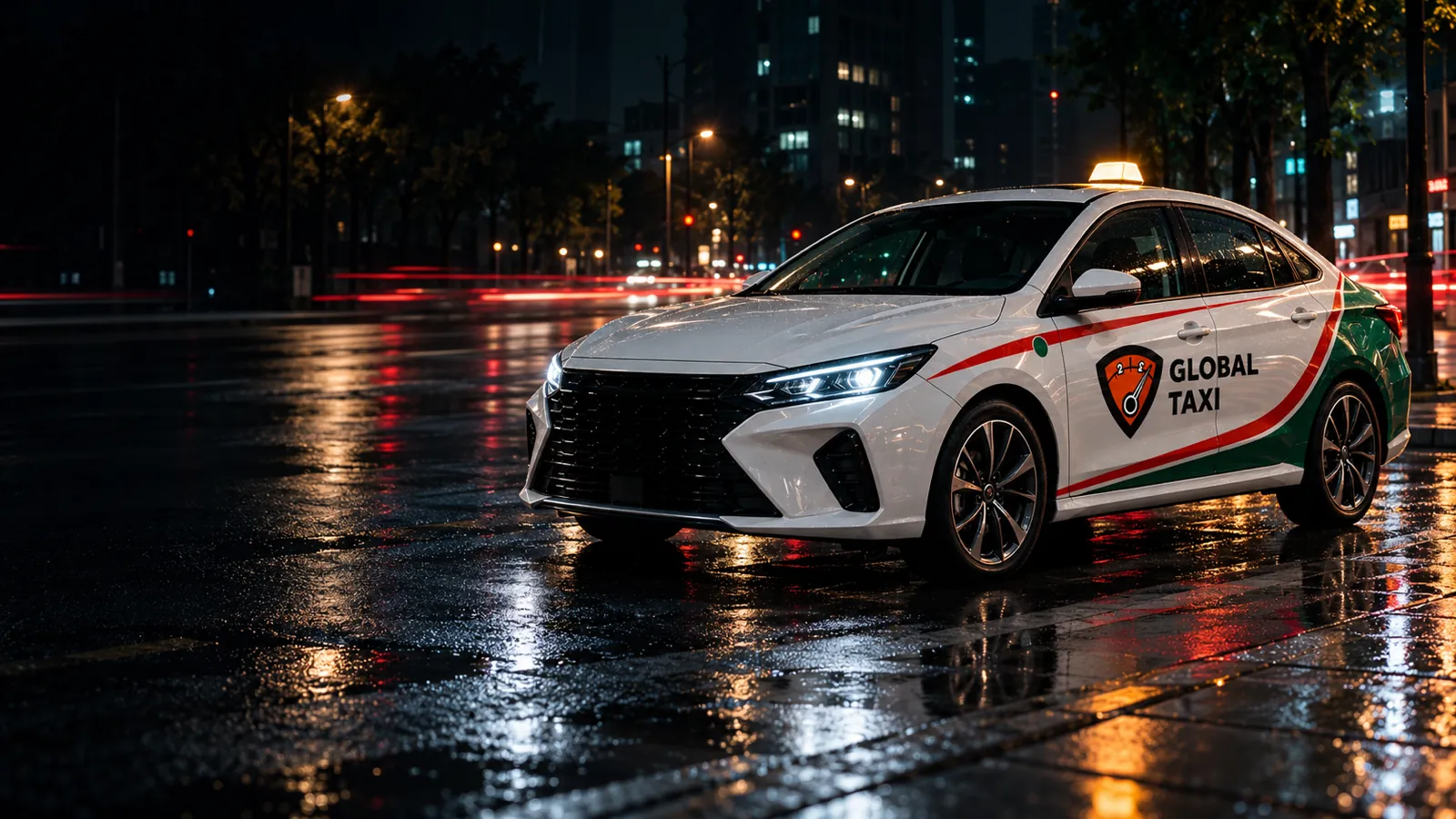 Машина Global Taxi в фирменной оклейке на ночной улице